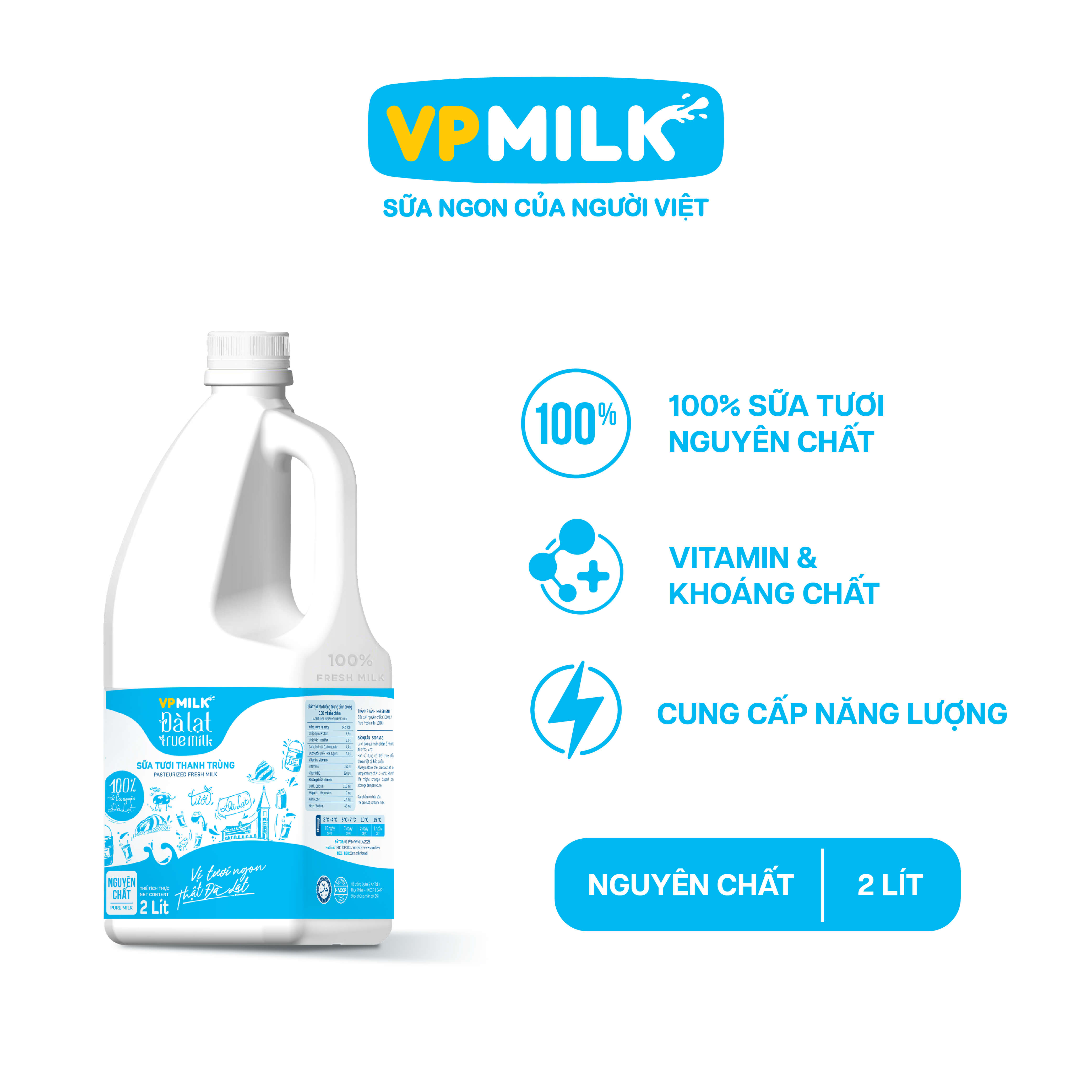 Sữa Tươi Thanh Trùng VPMILK Đà Lạt True Milk 2 Lit - Không đường image